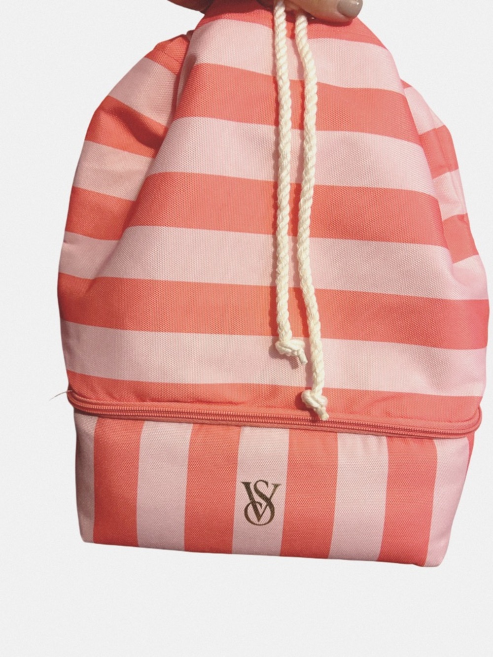 Victoria's Secret Pink and Coral Striped Drawstring Backpack with Lower Zip
